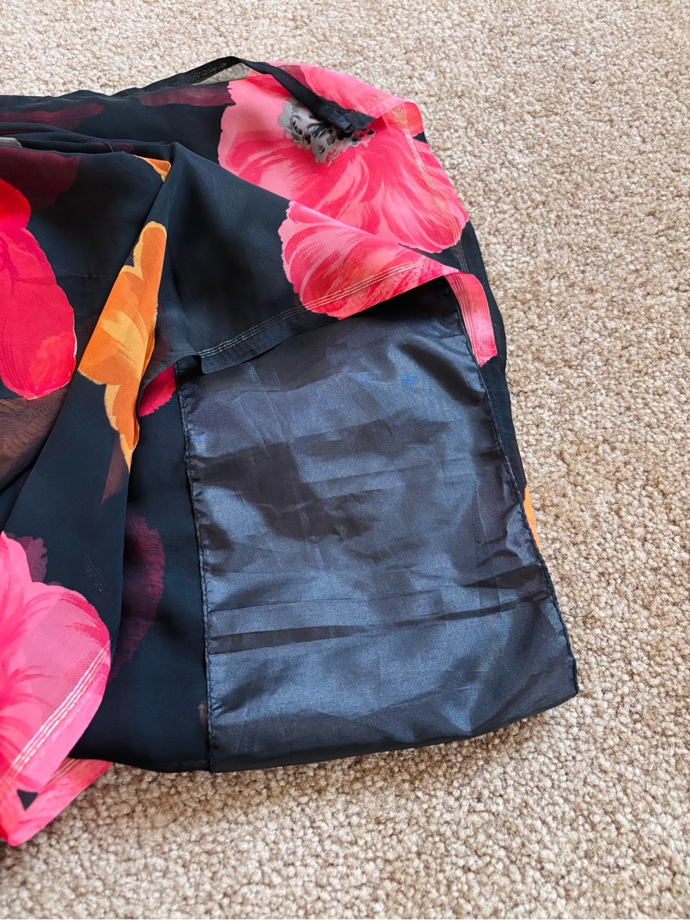 Black Floral Sheer Saree with Bold Red & Orange Blooms and black stretchy blouse - Picture 4 of 5